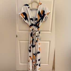 Shein, navy and orange pattern, floor length dress. Size XS/S.